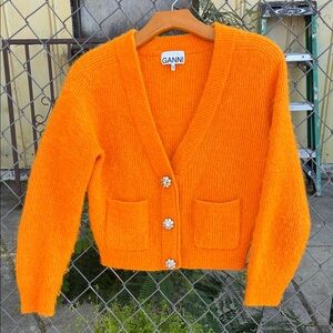Ganni Orange Cardigan with Floral Buttons Alpaca Blend Sold As Is